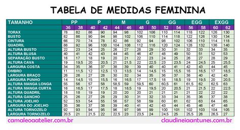 Tabela De Medidas Do Corpo Feminino Claudineia Antunes