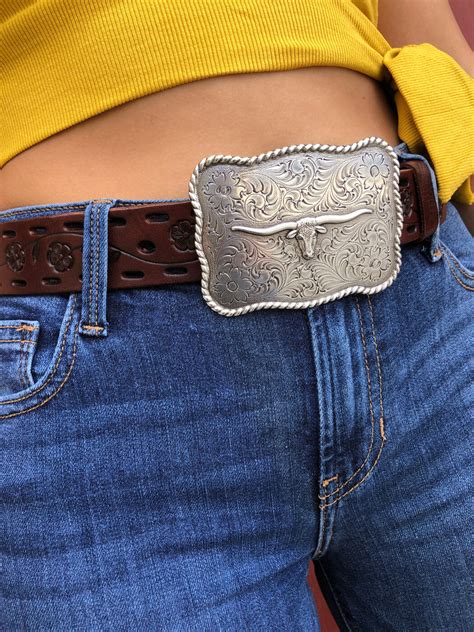 Country Girl ” Floral Detail And Longhorn Buckle Belt Brown Ale