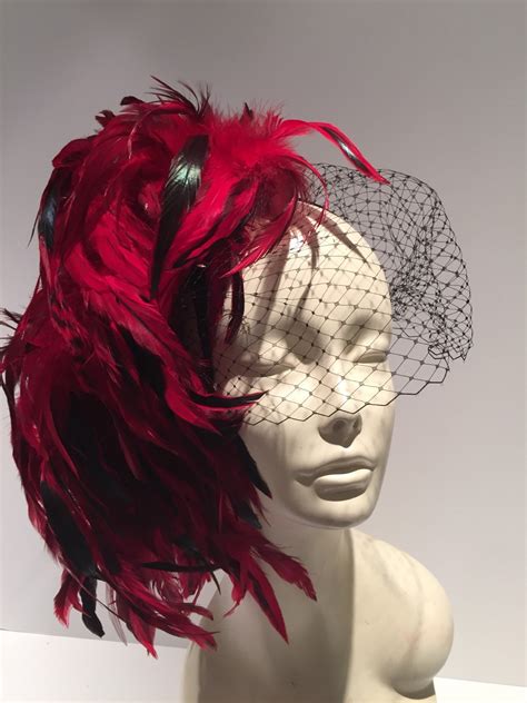 red fascinator bird cage veil red feather headdress usa etsy