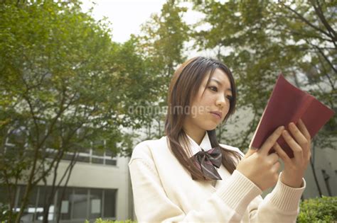 校庭で本を読む女子高校生の写真素材 Fyi04057223 ストックフォトのamanaimages Plus