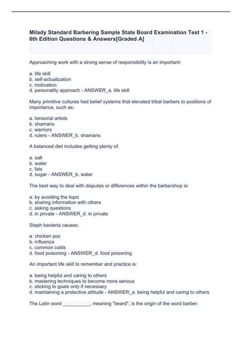 Milady Standard Barbering Sample State Board Examination Test 1 - 6th