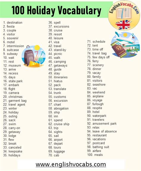 50 Holiday Vocabulary Vacation Vocabulary Word List English Vocabs