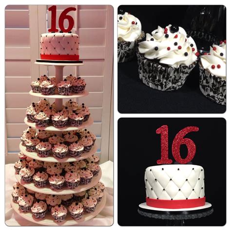 Red And Black Cupcake Tower For A Surprise Sweet 16 Birthday Party