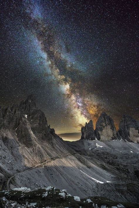Nature Milky Way Over Tre Cime Di Lavaredo Dolomites Italy Sky
