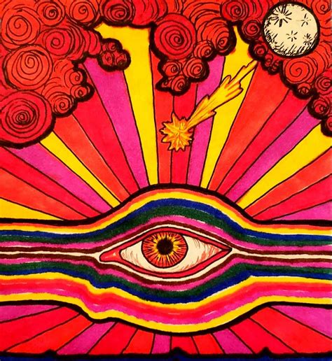 Rainbow Psychedelic 60s 70s Pop Art Eye In The Sky Moon Shooting Star