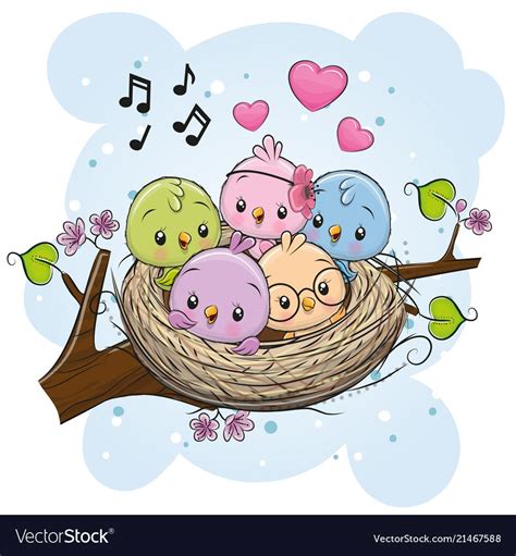 Cute Cartoon Birds In A Nest On A Branch Download A Free Preview Or