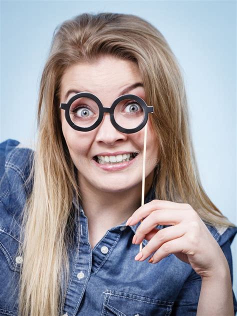 Happy Woman Holding Fake Eyeglasses On Stick Stock Image Image Of Smiling Carnival 114015125