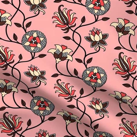 Vintage Chintz Indian Flowers Pastel Pink Red Brown Cotton Fabric