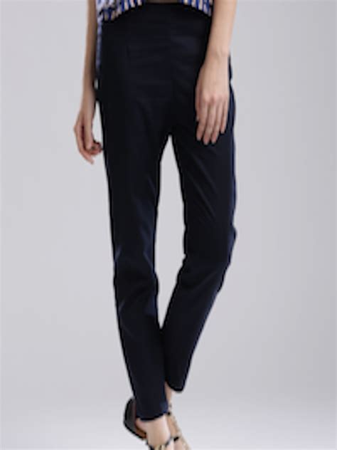 Buy W Women Navy Blue Flat Front Casual Trousers Trousers For Women
