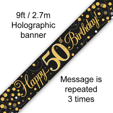 9ft Banner Sparkling Fizz 50th Birthday Black And Gold Holographic