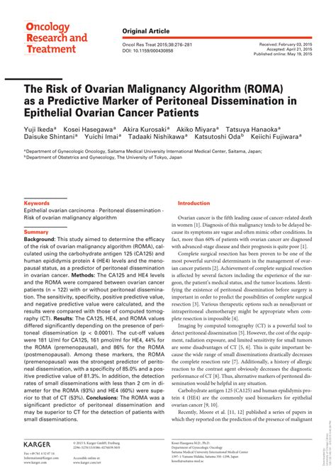 Pdf The Risk Of Ovarian Malignancy Algorithm Roma As A Predictive
