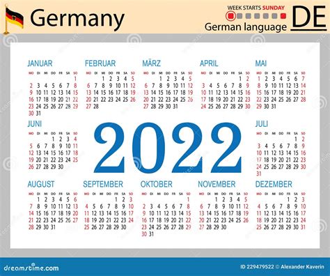 German Horizontal Pocket Calendar For 2022 Week Starts Sunday Stock
