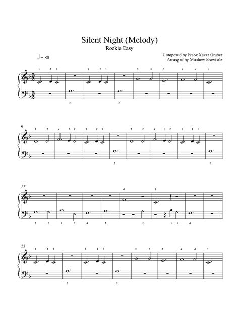 Pdf (digital sheet music to download and print), interactive sheet music (for online playing, transposition and printing), practice video, midi and mp3. Silent Night (Melody) by Traditional Piano Sheet Music | Rookie Level