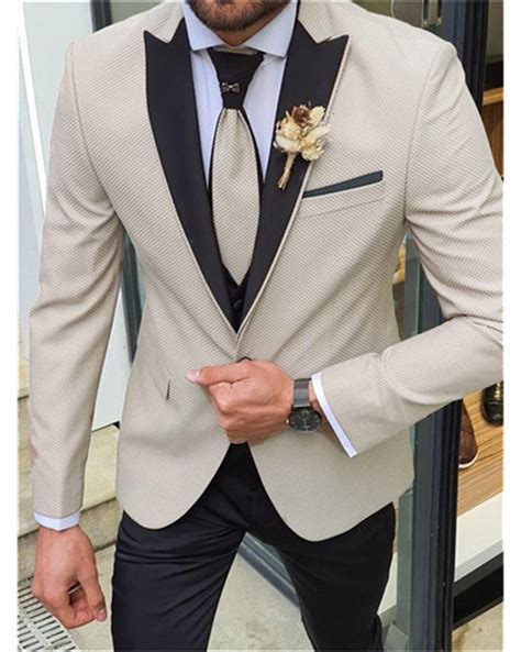 Slim Fit Beige Wedding Tuxedos With Black Satin Lapel Men Groom Suits