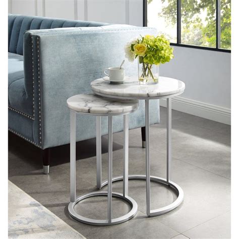 inspired home asbille nesting end table round natural marble top stackable metal base set of 2