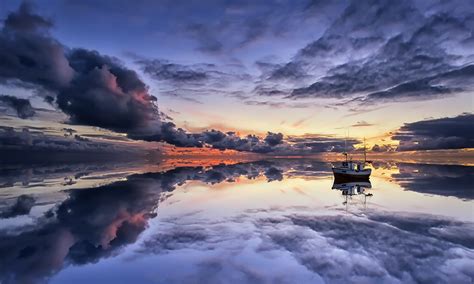Boat Cloud Fishing Boat Horizon Ocean Reflection Sky Wallpaper