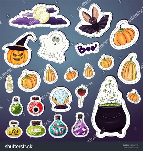 Halloween stickers set. Many type Halloween objects, holiday icon pack