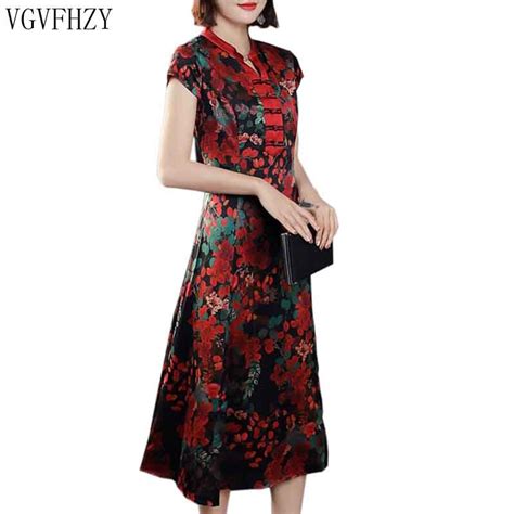 Summer New 2019 Women Fashion National Style Floral Print Silk Dress