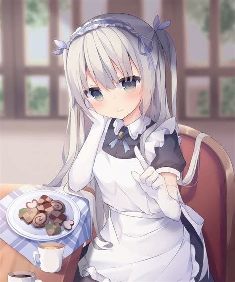 Wallpaper Anime Maid Girl White Hair Gloves Desserts