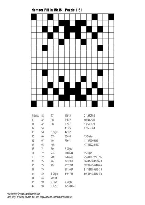 8 2 7 4 3 8 5 0 7 3 digits 4 digits 5 digits 6 digits 182 308 374 455 482 493 507 620 621 729 766 824 906 2598 2965 3299 5071 5479 6391 7481 7615 8945 9278 9420 23471 24963 25974 27048 32471 34623 Free Downloadable Puzzle Number Fill In 15x15 # 61 ...