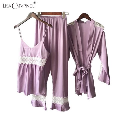 Lisacmvpnel Autumn New 3 Ice Silk Women Robe Sets Nightgownrobepant Set Women Bathrobe Elegant