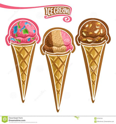Neapolitan Ice Cream Scoops In One Cone Flavors Strawberry Vanilla Chocolate Vector