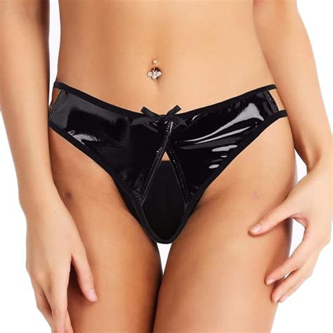 Alvivi Womens Faux Leather Wet Look Crotchless Bikini Briefs Open Back Panties Uk