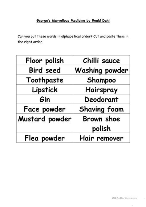 Any second grader could put that in alphabetical order for you, why can't windows? George's Marvellous Medicine worksheet - Free ESL ...