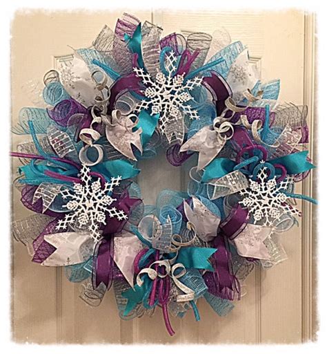 Frozen Purple Turquoise Snowflake Deco Mesh Wreathfrozen Etsy Deco
