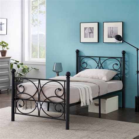 vecelo twin size victorian metal platform bed frame mattress foundation with headboard and