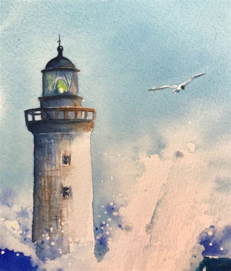 Lighthouse Painting Original Seascape Watercolor Lighthouse Agua Mundo