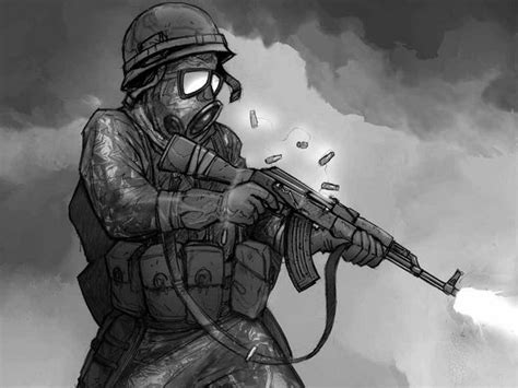 Coolest Drawing Of A Cartoon Soldier Wearing A Gas Mask And Shooting An