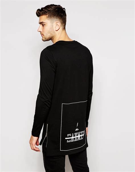 Asos Super Longline Long Sleeve T Shirt With Back Print And Side Zips
