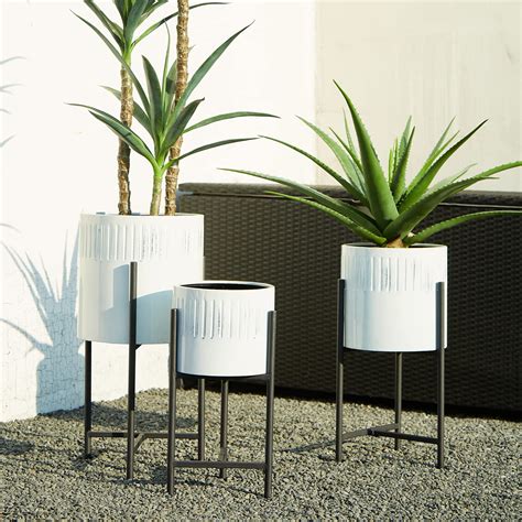Glitzhome Mid Century Plant Stand With Pot Set Of Modern Metal Planters