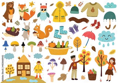 Cute Autumn Elements Collection Fall Clothes Animals Leaves