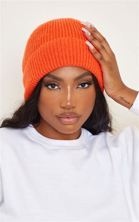 Hot Orange Knit Beanie Accessories Prettylittlething Aus