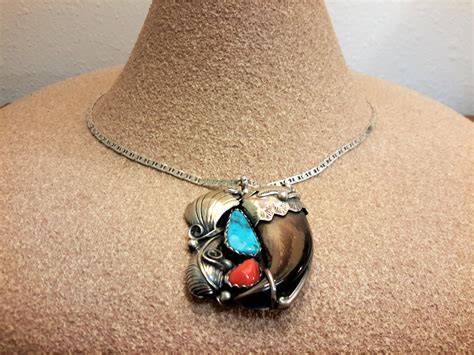 Sterling Silver Turquoise Coral Bear Claw Pendant Artist Signed