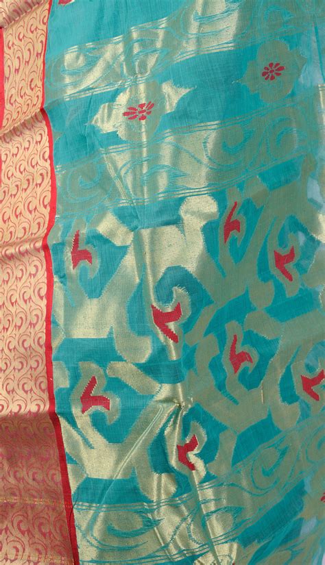 Bright Aqua Green Tant Sari From Bengal With Woven Bootis In Golden