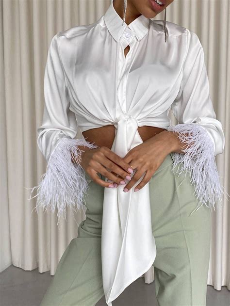 White Silk Blouse Long Sleeves Decorated Ostrich Feathers Etsy