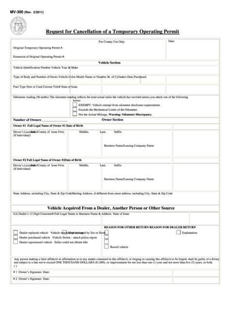 Fillable Form Mv 300 Request For Cancellation Of A Temporary