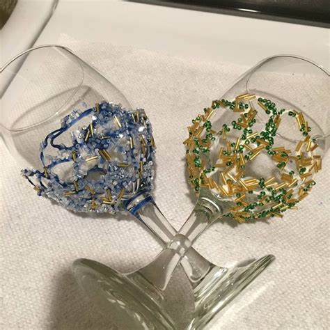 Beaded Wine Glasses No Two Are Alike This Is With Blue And Green Beads Wine Glasses Hand