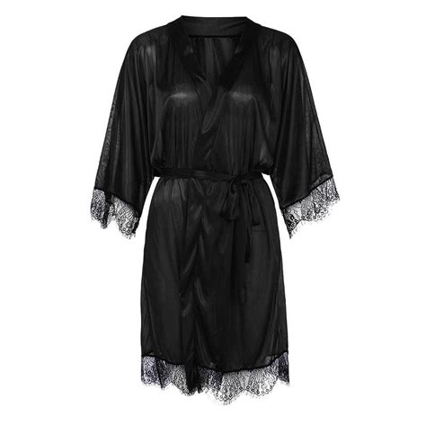Satin Lace Black Kimono Intimate Sleepwear Robe Sexy Night Gown Women Bathrobe Night Dresses