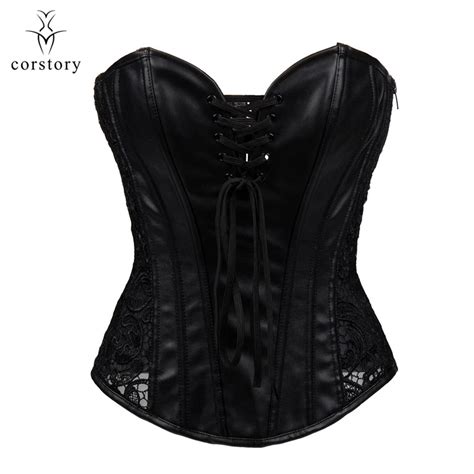 corstory sexy black gothic faux leather overbust corsets and bustiers floral hollow sides