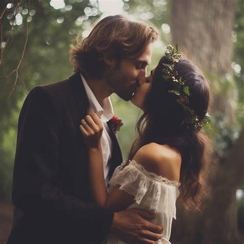 Premium Ai Image A Bride And Groom Kiss In The Woods