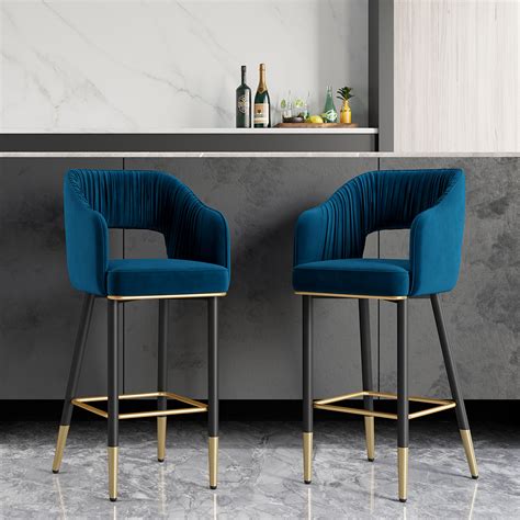 Modern Blue Velvet Counter Height Breakfast Bar Stool With Back And Metal