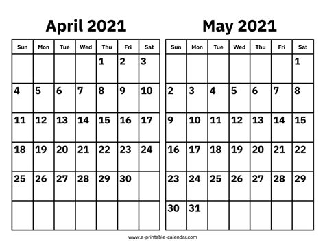 April And May 2021 Calendar A Printable Calendar