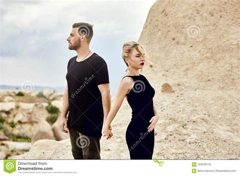 In Love Eastern Couple In Mountains Of Cappadocia Hugs And Kisses Love