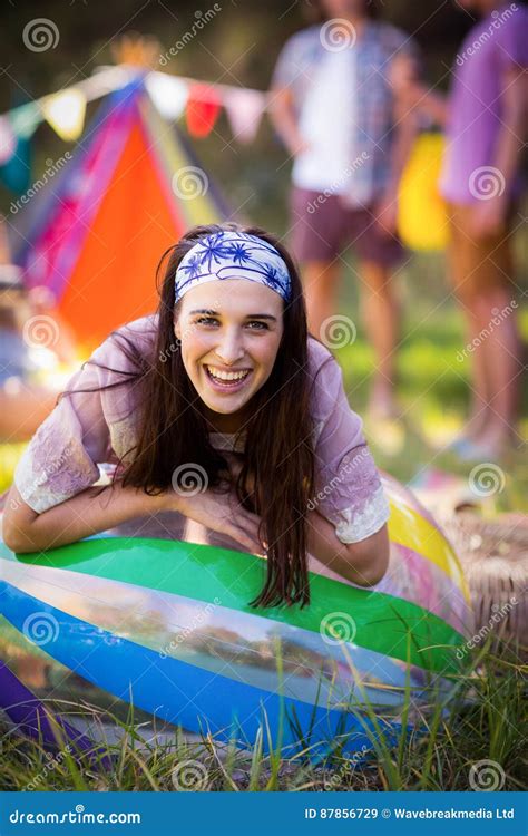 Portrait Of Woman Leaning On Beach Ball At Campsite Stock Image Image Of Head Hobby 87856729