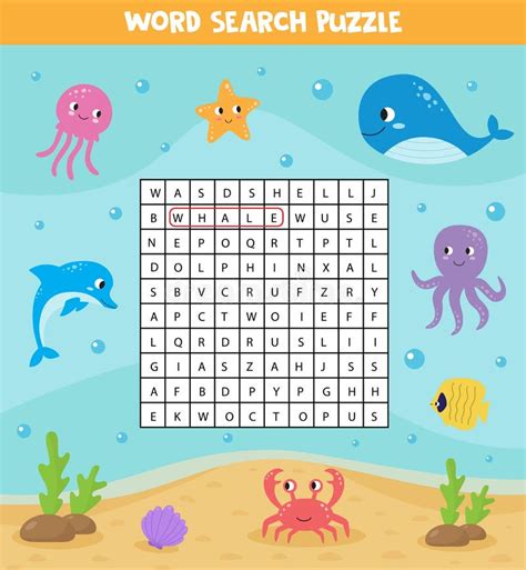 Words Search Puzzle For Children Set Of Sea Animals Stock Vector