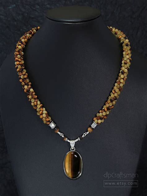 Tiger Eye Beaded Necklace With Pendant Kumihimo Braided Tiger Eye